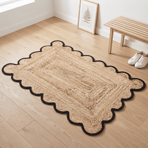2 x 3 Ft Natural & Black Jute <b>Rug</b> – Boho Scalloped Area <b>Rug</b>, Geometric <b>Rustic</b> Farmhouse Floor Carpet for Home - Product Image 1