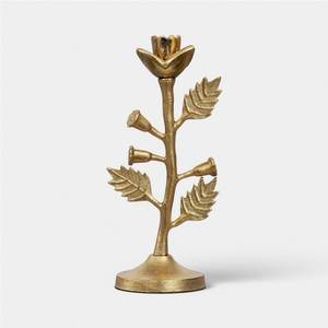 Hand Cast <b>Brass</b> Rose Bud Taper Candle <b>Holder</b> Botanical Vine Metal <b>Candlestick</b> with Leaf Sprigs & Petaled Bloom Cup - Product Image 1