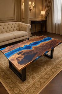 Table à manger moderne en résine avec bord naturel et design rivière en époxy bleu, grande table à manger en teck avec bord naturel et époxy pour 6 personnes, idéale pour un intérieur de luxe - Product Image 3