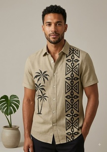 Men's Beige Short Sleeve Formal <b>Shirt</b> V-neck Horn Button Palm Tree Solid Back Design Summer Wear Breathable Anti-Wrinkle Satin - Product Image 2