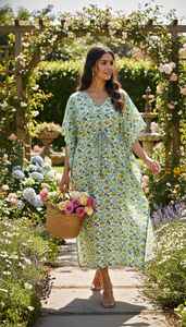 Vestido Kaftán de Algodón con Estampado Floral Verde y Amarillo para Mujer, Estilo Boho, para la Playa o el Verano - Product Image 6