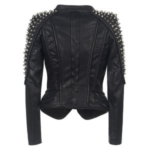 Custom Women's <b>Punk</b> Style Asymmetric Zipper Faux Leather Biker <b>Jacket</b> Autumn Windproof Casual Style <b>Punk</b> Rivets Studs Outer PU - Product Image 4