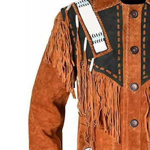Premium Orange Genuine <b>Suede</b> <b>Leather</b> Men Fringe <b>Jacket</b> Button Closure Heritage Trail Ranch <b>Jacket</b> OEM Customization Available - Product Image 2