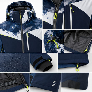 Men's Hooded Ski <b>Jacket</b> <b>Waterproof</b> 10,000mm for Power Stretch Sublimation Print Blue White Geometric Design - Product Image 6