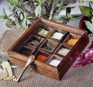 Caja de Especias de Madera con 9 Compartimentos para Hierbas y Especias, Diseño Tallado Tradicional, Organizador de Cocina - Product Image 6