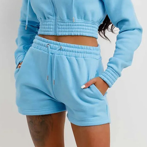 Conjunto de Sudadera Corta con Capucha Azul Claro para Mujer con Pantalones Cortos, Cierre de Cremallera, Color Sólido, Ropa Casual - Product Image 5