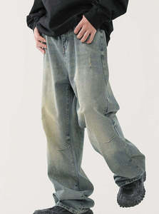 Jean large pour homme en denim délavé, coupe décontractée taille haute, style streetwear, en coton tissé pour l'automne - Product Image 4
