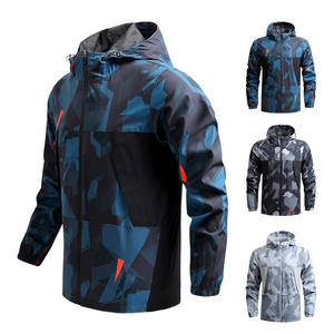 <b>Men's</b> Hooded Sport <b>Jacket</b> Geometric Print Waterproof PU Coated Polyester Autumn Outdoor Wear Zipper Closure Regular Fit - Product Image 1