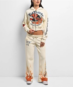 Pantalon de survêtement décontracté pour femme en molleton mi-lourd, respirant, de haute qualité, avec imprimé flamme, taille élastique et cordon de serrage, style hip-hop, pour le printemps - Product Image 6