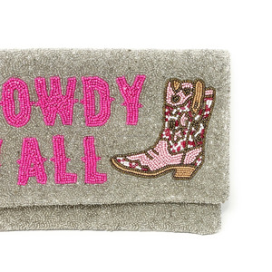 Sac à main en perles durable fait à la main pour femmes, OEM ODM personnalisé, bottes de cowboy occidentales, design de lettres 'Howdy Yall', sacs à main décontractés d'exportation - Product Image 3