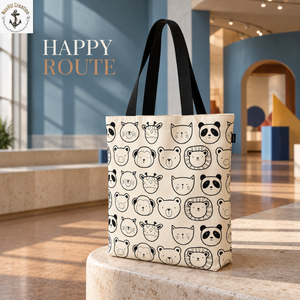 Animal Face Print Canvas Tote with Black Long Handles | Natural <b>Cream</b> Shopping <b>Shoulder</b> <b>Bag</b> for Daily Carry and Travel Use - Product Image 2
