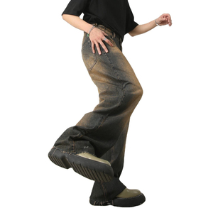 Men's Vintage Baggy Loose Jeans New Designer Straight Hong Kong Style Retro Rust-Color Denim Technique Washed Style - Product Image 3