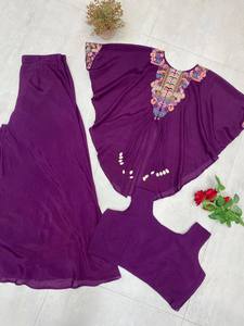 Conjunto indio-pakistaní de chinon bordado morado, blusa holgada y pantalones palazzo para fiesta de bodas - Product Image 2