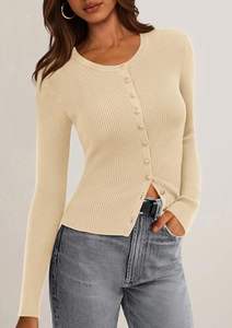 Cárdigan Personalizado OEM y ODM para Mujer, Chaqueta de Punto con Botones al Frente, Cárdigan de Manga Larga - Product Image 3