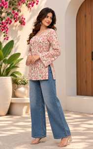<b>Pink</b> Lotus Floral Hand Block Printed Cotton Kurti | Stylish Flared <b>Sleeve</b> <b>Top</b> Square Neck | Short Kurti for Women - Product Image 3