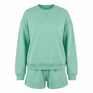 <b>Women's</b> 2 Piece Fleece Sweatshirt and <b>Shorts</b> Set Crew Neck Loose Fit Solid Color Casual Wear Above <b>Knee</b> <b>Length</b> Full Sleeve - Product Image 1