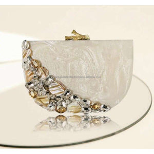<b>White</b> Resin Clutch with Gold Floral Handle Design Handmade Designer Women Purse <b>Evening</b> Party <b>Bag</b> Wedding Accessory Wholesale - Product Image 6