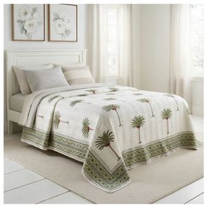 Hand Block Printed Cotton Twin Kantha <b>Throw</b> 150x220 cm Hand Embroidered Handmade Indian Quilt Bedspread Traditional Home Bedding - Product Image 1