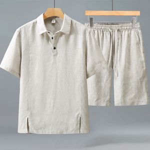 Ensemble polo et short en lin et coton pour homme, coupe ample, respirant, décontracté, tenue en deux pièces - Product Image 3
