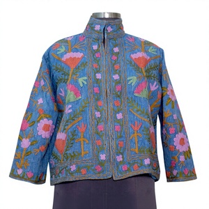 Jacket Knitted Stripe Floral Embroidery Quilted Reversible Bomber <b>Duster</b> Women's Suzani Embroidery Handmade Cotton Autumn Coat - Product Image 1