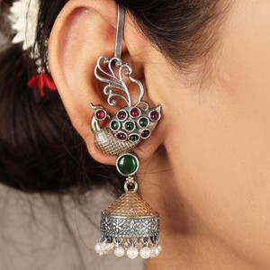 Oxidized Peacock Ear <b>Cuff</b> Jhumka Indian Bollywood <b>Earrings</b> Bulk Wholesale Supplier - Product Image 1