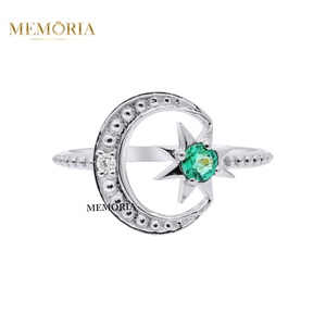 Classic Emerald Diamond Bezel Setting Wedding <b>Ring</b> Crescent <b>Moon</b> Star Shape Vintage 18k Yellow Gold Beaded Band Women's Jewelry - Product Image 3