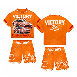เสื้อยืดลายกราฟิก Victory สำหรับผู้ชายแบบกำหนดเอง และกางเกงยีนส์ขาสั้น ชุดเซ็ตพิมพ์ลายสตรีทแวร์สองชิ้น ชุดโอเวอร์ไซส์สไตล์ฮิปฮอปสำหรับฤดูร้อน - Product Image 4