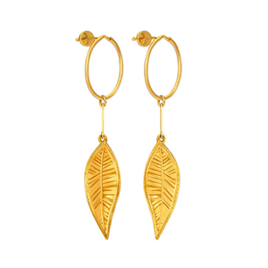 Big Golden Statement Leaf Drop Earrings-Vintage Geometric Hoop Studs - Product Image 3