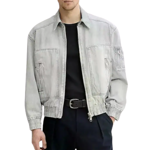 Veste décontractée streetwear tendance en jean polyester/coton, coupe courte et large, col rabattu, effet vieilli et délavé, avec fermeture éclair – Nouvelle collection très prisée - Product Image 2