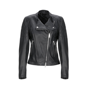 <b>Women's</b> Genuine <b>Leather</b> <b>Moto</b> <b>Jacket</b> Full Sleeve Slash Neck Zipper Biker <b>Jacket</b> Autumn Solid Color Regular Length Quilted Design - Product Image 1