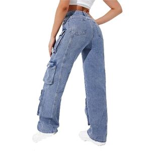 Pantalones Vaqueros Cargo de Cintura Alta para Mujer, de Pierna Ancha, con Múltiples Bolsillos, Cierre de Botones, Estilo Urbano, Personalizables - Product Image 4