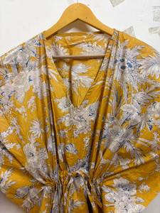Women's Orange Floral Print 100% Cotton Maxi V-neck Batwing Sleeve Drawstring Casual <b>Kaftan</b> Dress Beachwear & Resort Wear <b>Summer</b> - Product Image 2