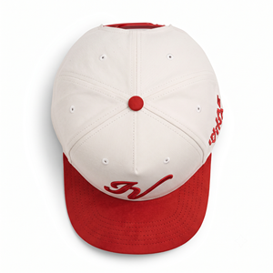 หมวกเบสบอลทรงสปอร์ตแบบ snapback 5 แผง ผ้าแคนวาสปักโลโก้ 3 มิติแบบนูน สีทูโทน ขาวแดง ขอบผ้ากำมะหยี่ สำหรับผู้ชาย รับผลิตแบบ OEM - Product Image 3