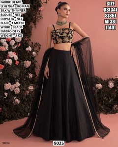 Ensemble Lehenga Choli en Soie Noire Style Romain avec Blouse en Tulle et Dupatta, Broderie Perlée Longue, Tenue Traditionnelle pour Mariage/Fête pour Femme, Taille Unique - Product Image 2