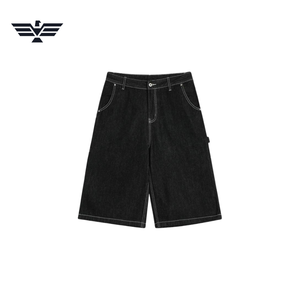Shorts cargo décontractés en jean noir pour homme, coupe droite, taille basse, poches utilitaires imprimées avec surpiqûres, pour l'été, délavage clair, respirant - Product Image 3