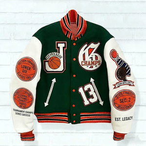 Custom Varsity <b>Jacket</b> <b>Men</b> Green <b>White</b> Basketball Patchwork Embroidered Letterman Front Windproof Winter Streetwear Casual - Product Image 6