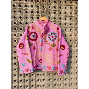 Boho Pink Embroidered Quilted Jacket For Women Handmade Floral Cotton Coat Vintage Ethnic Oversized Winter <b>Cardigan</b> - Product Image 1