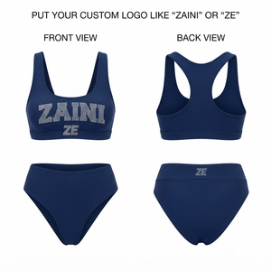 Traje de Baño de Dos Piezas para Mujer, 220 GSM, Nailon y Spandex Premium, Azul Marino, Bikini de Cintura Alta con Logotipo Personalizado con Pedrería - Product Image 1