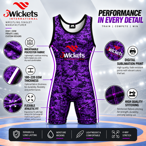 Combinaison de lutte personnalisée violette pour hommes et jeunes, uniforme de lutte d'équipe par sublimation, logo personnalisé, vente en gros, fabricant OEM - Product Image 3