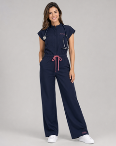 FAWKES SPORTS Unisex Navy Nurse <b>Scrub</b> <b>Set</b> with Polyester/Cotton Woven Fabric Pink Drawstring Pockets for Hospital Use - Product Image 1