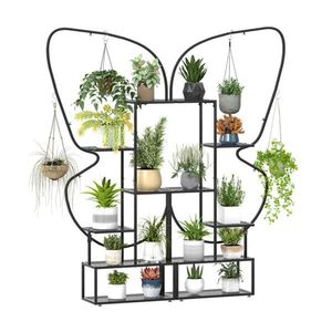 Lot de 2 supports à plantes en métal noir à 6 niveaux en forme de papillon avec crochets de suspension et patins réglables pour pots de fleurs et jardinières - Product Image 1