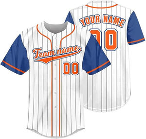 Custom Baseball Jersey <b>White</b> Blue Orange Striped Sublimated Print Breathable 100% Polyester Men's Short Sleeve <b>Button</b> Front - Product Image 1