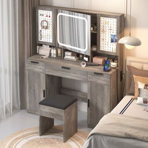 Large LED Lighted Mirror Vanity Table Set with 2 DIY Pegboards 5 Hooks Vanity Desk Charging Station for <b>Dressing</b> and Makeup - Product Image 2