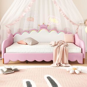 Moderno Letto a Soppalco Rosa per Bambini con Luci LED e Testiera a Corona, Estensibile - Product Image 5
