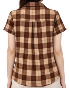 Custom Brown And Beige Plaid Womens Short Sleeve Button Up Shirt Casual Summer Lightweight Breathable Checkered <b>Top</b> With Pocket - Product Image 2