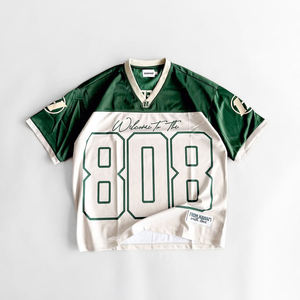 Maillot de football personnalisé en gros, coupe ample, style rétro, en maille tissée, col en V, avec lettres imprimées par transfert thermique, streetwear, court, en polyester - Product Image 1