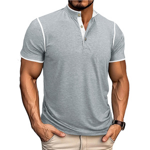 European American Men's Vintage Breathable Stand Collar Open-End Short Sleeve Double-Layer <b>Patchwork</b> Contrasting Color T-<b>Shirt</b> - Product Image 2