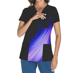 Unisex Ombre <b>Scrub</b> <b>Top</b> Short Sleeve V-Neck Woven Cotton Polyester Hospital Uniform Blouse with Pockets Needle Detection - Product Image 5