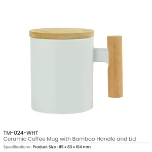 Mug à café minimaliste en céramique de 380 ml avec poignée et couvercle en bambou - Product Image 4