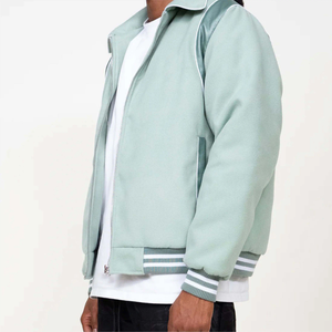 Mint Green Hooded Bomber Jacket With Batwing Sleeves Zipper Closure Casual Loose Fit Unisex Autumn Wear Fleece Material - Product Image 5